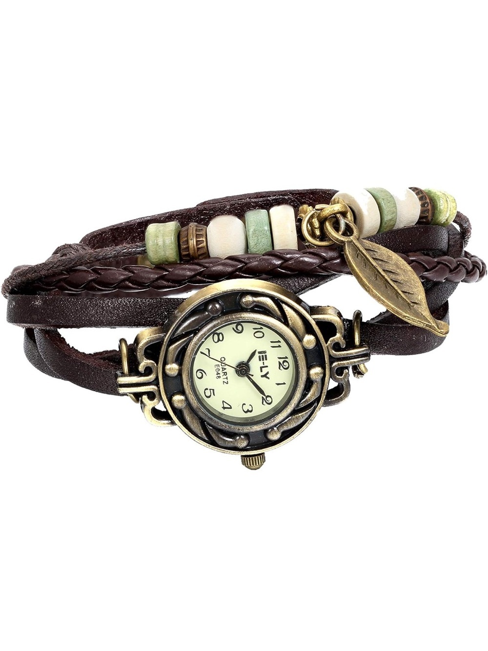 Anthropologie Brown Wrap Watch Bracelet with Green and Cream Beads